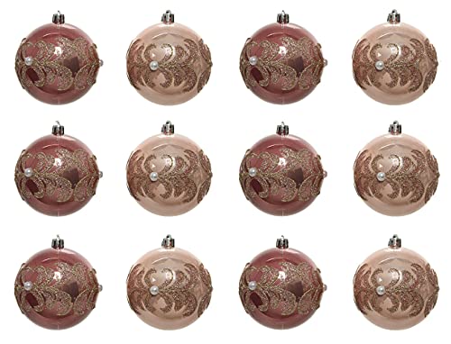 Decoris Weihnachtskugeln Kunststoff 8cm x 12 Stück bruchsicher mit Muster Christbaumkugeln samtpink rosa von Decoris