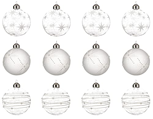 Decoris Weihnachtskugeln mit Motiven Glas 8cm x 12 Stück Sterne Streifen Christbaumkugeln transparent weiß von Decoris