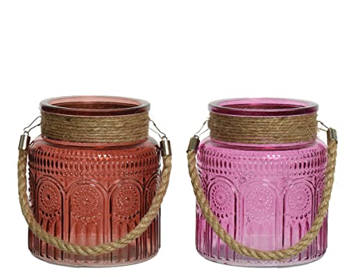 Decoris Windlicht Glas 13x15cm 2er Set mit Henkel Teelichthalter Muster Kerzenhalter Teelichtgläser Hängend von Decoris