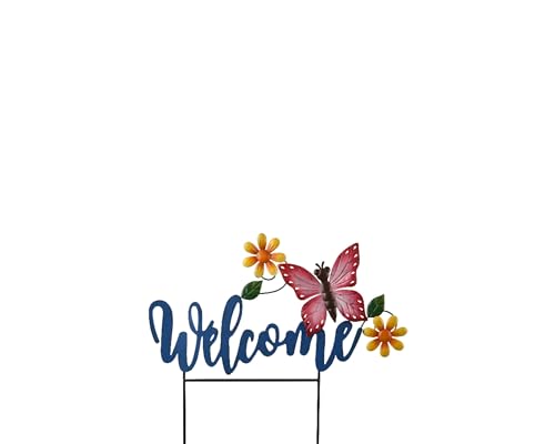Gartenstecker Schriftzug Welcome mit Schmetterling und Blumen 45cm Metall - Outdoor Dekostecker - Außendeko Metallstecker Deko - Gartendeko Metallfigur Außenbereich von Decoris