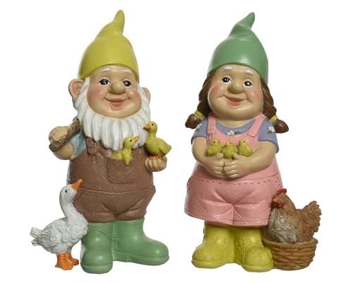 Gartenzwerg Paar Bauer & Bäuerin 12x9x22cm Keramik mit Tieren 2er Set - Gartendeko Gartenfiguren Bauernhof - Gartenwichtel & Garten Deko Wichtel Figuren - Wichtelfiguren Dekofiguren für Außen von Decoris