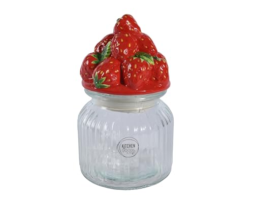 Glasdose mit Keramikdeckel 19cm - Vorratsglas mit Deckel in Erdbeer Form Klar Transparent Rot - Aufbewahrungsglas Küche Frischhaltedose Vorratsdose Glas - Küchenbehälter Glasbehälter von Decoris