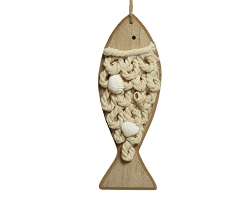 Maritime Deko 19,5cm Fisch Holz Aufhänger Dekofigur Holzfisch Hängedeko Maritim makramee Optik beige von Decoris