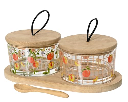 Servierschalen mit Deckel und Serviertablett 7x20x10cm Glas Bambus Set mit Pfirsich Motiv - Glasschälchen für Gewürze Marmelade Pesto Snacks - Servierplatte mit Snack- und Dipschalen - Dipschälchen von Decoris