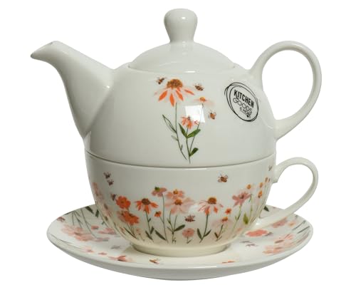 Tea-for-One Teekanne mit Tasse & Untertasse Porzellan 16x16cm weiß geblumt - Teetasse mit Kanne Set - Teekännchen mit Tasse Blumen - Teapot Teacup kleines Teekannenset Teeset für 1 Person von Decoris