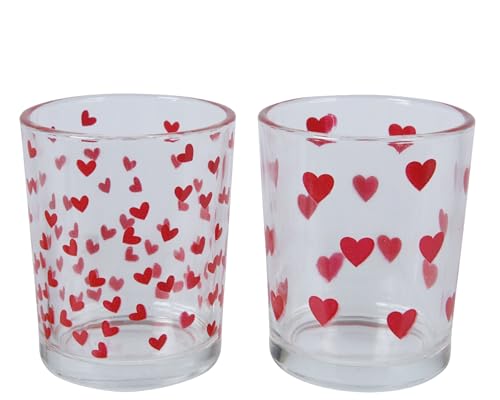 Teelichthalter Glas 6,5cm 1 Stück sortiert - Teelichtglas mit roten Herzen - Glas für Teelichter - Kerzenhalter Windlicht - Kerzenglas Tischdeko Hochzeitsdeko Gartendeko Frühlingsdeko - Transparent von Decoris