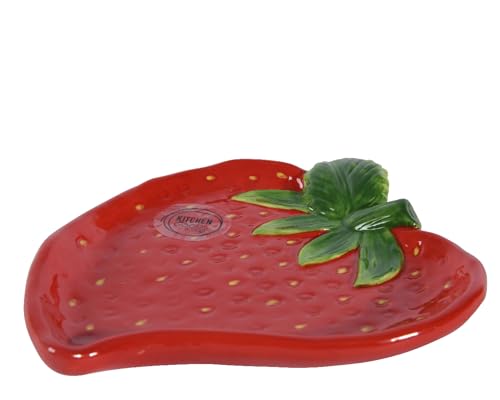 Teller 17cm Keramik in Erdbeer Form - Servierteller Dessertteller Kuchenteller Frühstücksteller Obstteller - Dekoteller Frühling & Sommer - Früchte Geschirr Rot Grün von Decoris