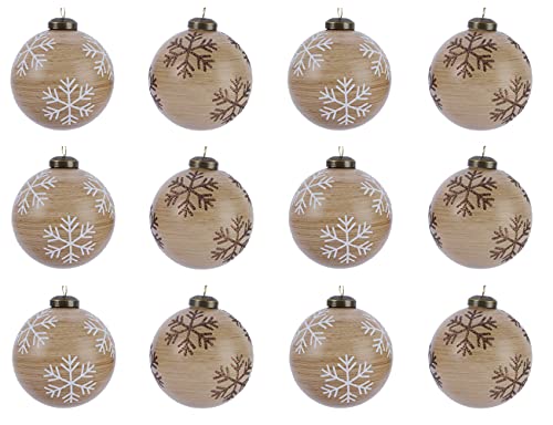Weihnachtskugeln Glas 8cm x 12 Stück Schneeflocken Motiv Christbaumkugeln Holz braun weiß von Decoris