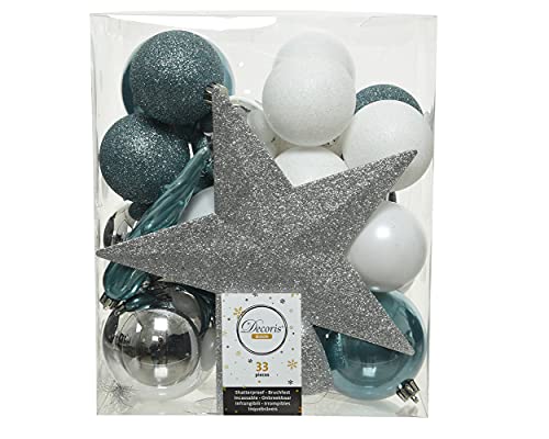 Weihnachtskugeln mit Christbaumspitze Stern Kunststoff 33er Set bruchsicher weiß hellblau Silber von Decoris
