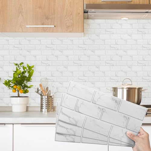 Decoroom Fliesenaufkleber Weiß 12pcs/15x30cm, Brick Vinyl Selbstklebende Fliesenfolie,Wasserfes Wandfliese Sticker für Küche Backsplash Badezimmer, Mit Glänzend PVC Fliesen Aufkleber von Decoroom