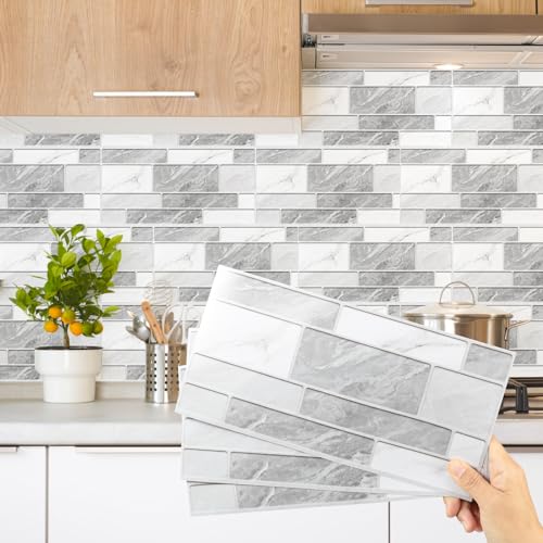 Decoroom Fliesenaufkleber Weiß 12pcs/15x30cm, Marmor Vinyl Selbstklebende Fliesenfolie,Wasserfes Wandfliese Sticker für Küche Backsplash Badezimmer, Mit Glänzend PVC Fliesen Aufkleber von Decoroom