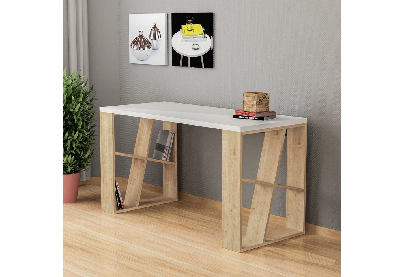 Decortie Schreibtisch Honey (1 Tisch), Moderner Schreibtischt mit Bücherregal, 137 x 60 x 75 cm von Decortie