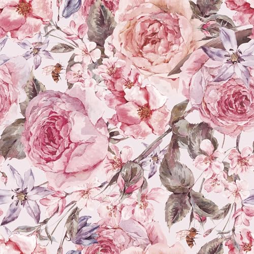 Decotalk Blumentapete Rosa Rose Blume Selbstklebende Tapete 44.5X900cm Vintage Wandfolie Selbstklebend Möbelfolie Dekofolie Selbstklebend Tapete Rosa Blumen für Schlafzimmer Wand Möbel Schlafzimmer von Decotalk