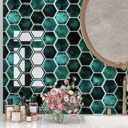 Decotalk Klebefliesen Küchenrückwand Grün Hexagon Fliesen Selbstklebend 30.5x30.5cm/3 Stück Wasserdicht Fliesenaufkleber Deko Folie Fliesen Klebefliesen Selbstklebende Küchenrückwand Klebefolie von Decotalk