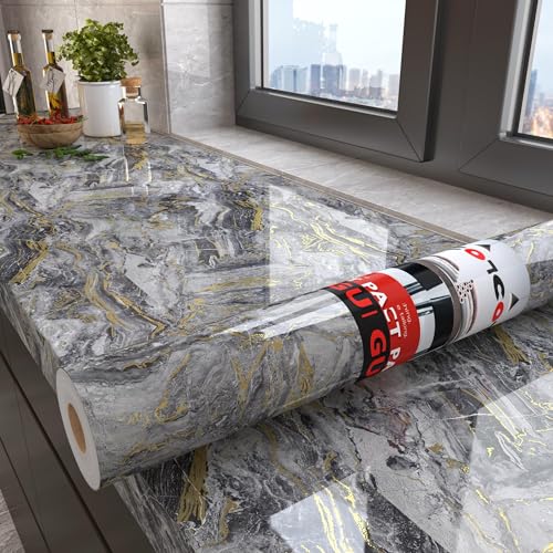 Decotalk Klebefolie Möbel Wasserdicht Marmor Folie Grau Mit Gold Wellenform 40X500cm Selbstklebende Tapete Grau Marmoriert Küchenarbeitsplatte Badezimmer Möbelfolie Küche Marmor Tisch Wasserdicht von Decotalk