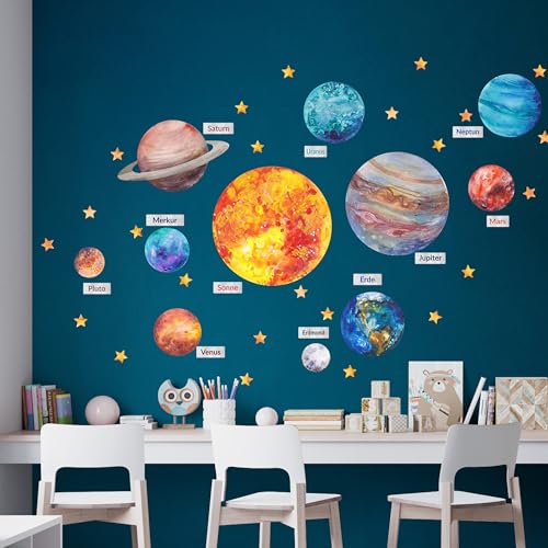 Aquarell Sonnensystem Große Wandtattoos für Kinder, Große Wandaufkleber Planeten, Kinderzimmer, Wandsticker, Wand Dekor Set Selbstklebend (L) von Decotia