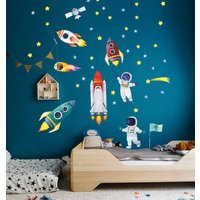 Aquarell Wandaufkleber - Weltraum, Raketen, Kosmonauten | Schälen Und Aufkleben Leerzeichen Schlafzimmer Spielzimmer von DecotiaWallDecals