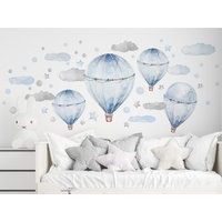 Große Wandtattoos Blau Pastell Luftballons Wolken Sterne Punkte - Kinderzimmer Aufkleber, Heißluftballon von DecotiaWallDecals