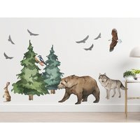 Waldtiere Wandtattoo, Wilde Tiere, Baum Wandaufkleber, Kinder Wandstickers, Aquarell Wald, Bär Wolf von DecotiaWallDecals