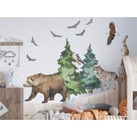 Waldtiere Wandtattoo, Wilde Tiere, Baum Wandaufkleber, Kinder Wandstickers, Aquarell Wald, Bär Wolf von DecotiaWallDecals