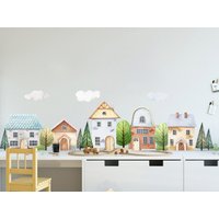 Wandaufkleber Für Kinder - Bunte Stadt, Aquarell Fürs Kinderzimmer, Wandsticker, Wand Dekor Set Selbstklebend von DecotiaWallDecals