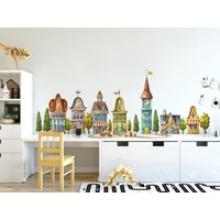 Wandaufkleber Für Kinder - Bunte Stadt 2, Aquarell Fürs Kinderzimmer, Wandsticker, Wand Dekor Set Selbstklebend von DecotiaWallDecals