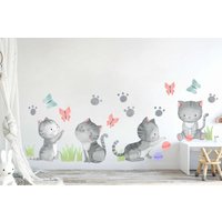 Wandaufkleber Für Kinder - Spielende Kätzchen Aquarell Kinderzimmer Aufkleber Süße Tiere, Wandsticker, Wand Dekor Set Selbstklebend von DecotiaWallDecals