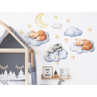 Wandaufkleber Für Kinder - Tiere Schlafen Auf Wolken Süße Tiere, Fuchs, Waschbär, Kinderzimmer, Wandsticker, Wand Dekor Set Selbstklebend von DecotiaWallDecals