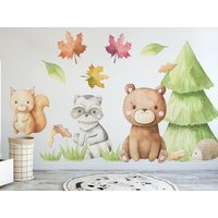 Woodland Wall Decals - Wandaufkleber Für Kinder Süßer Bär, Eichhörnchen, Waschbär, Igel Fürs Kinderzimmer, Wandsticker von DecotiaWallDecals