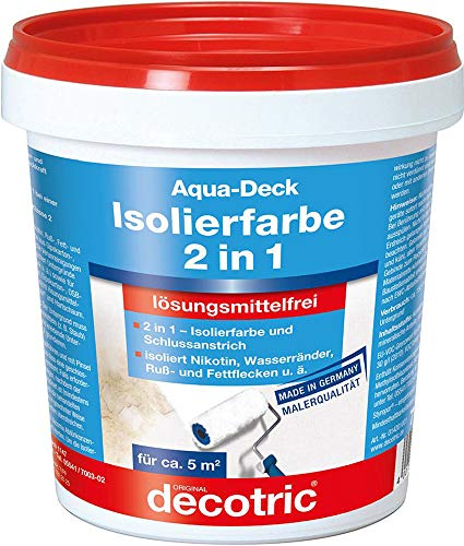 Decotric 014201001 Aqua Deck Wandfarbe Isolierfarbe 2in1 gegen Nikotin, Ruß, Fett-Flecken, Wasserränder, weiß, 750 ml (1er Pack) von Decotric