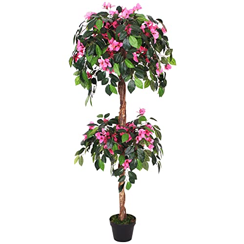 Decovego Drillingsblume Bougainvillea Wunderblumengewächs Kunstpflanze Kunstbaum Künstliche Plastik Pflanze im Topf Künstlich Kunst Pflanze Deko 140 cm von Decovego