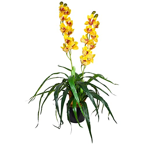 Decovego Künstliche Blumen Orchidee Orchideen Pflanzen Kunstpflanze Kunstblumen Künstlich Pflanze Gelb mit Topf Deko 90 cm von Decovego