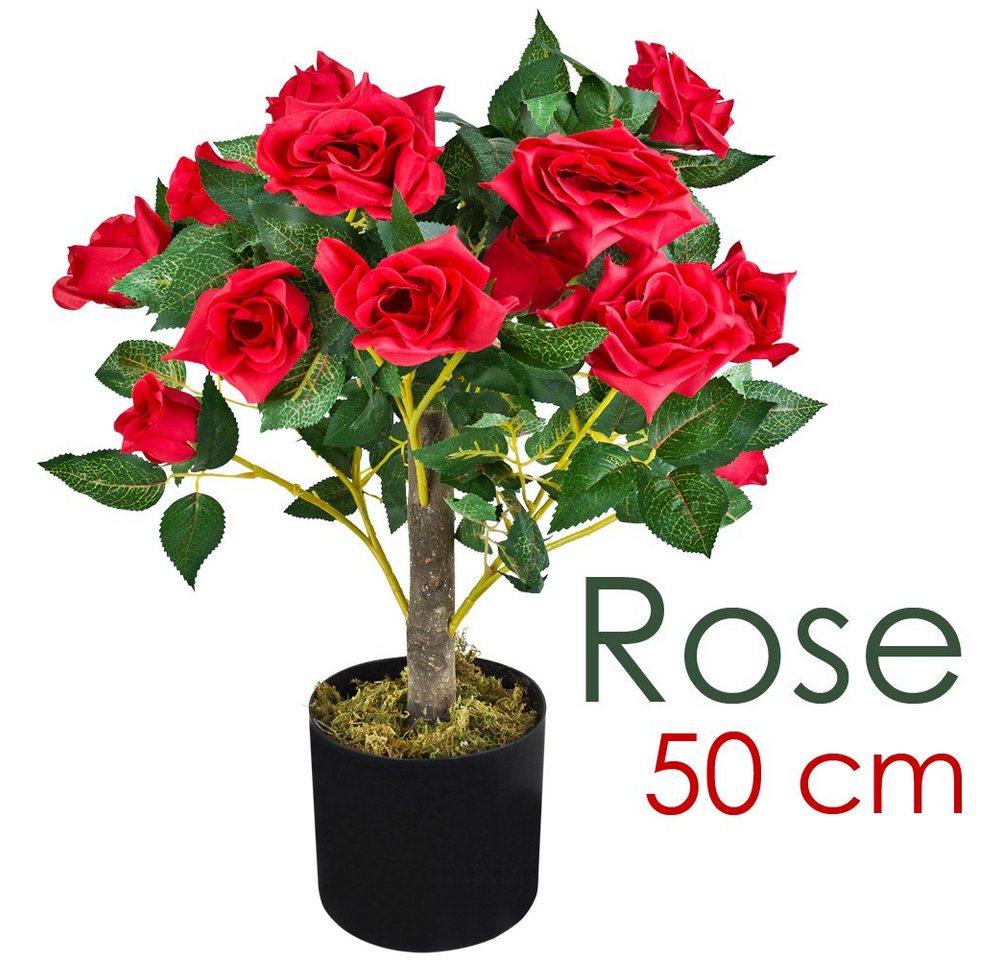 Kunstblume Rose Rosenbusch Rosenstock Künstliche Pflanze Rot Echtholz 50 cm, Decovego von Decovego