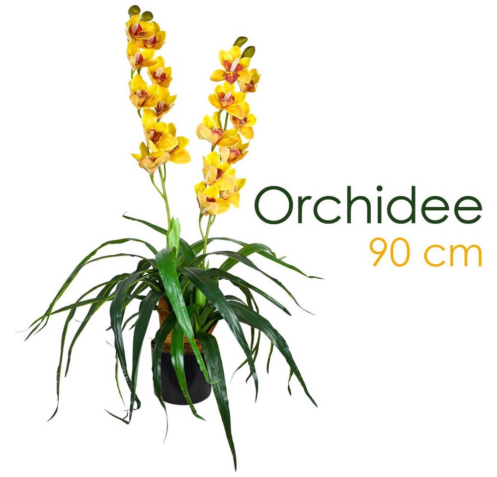 Kunstorchidee Künstliche Orchidee Kunstpflanze Pflanze Kunstblume Gelb Topf 90 cm, Decovego von Decovego