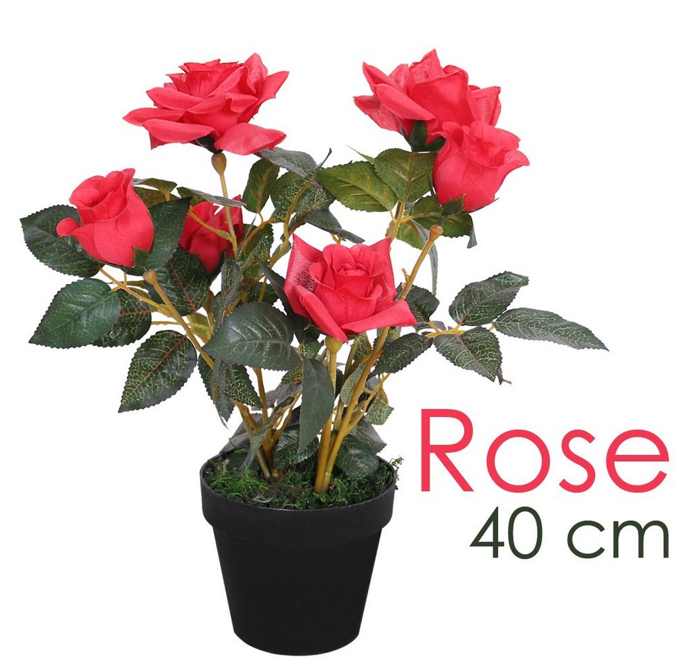 Kunstblume Rose Rosenstock Rosenbusch Kunstpflanze Künstliche Pflanze Rot 40 cm, Decovego von Decovego