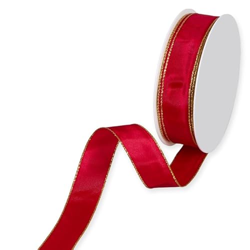 Decpero Band mit Goldener Drahtkante I rot I Breite 25 mm I Länge: 25 Meter von Decpero