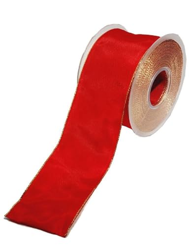 Decpero Breites Band mit Goldener Drahtkante I rot I Breite 70 mm I Länge: 25 Meter von Decpero