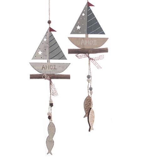 Maritime Dekogirlande mit Segelboot / 2er-Set/Länge 43cm / Holz/blau-weiß von Decpero