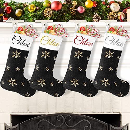 DecroXmas Personalisierte Weihnachtsstrümpfe mit Namen, Weihnachtsstrümpfe Custom Name 6 Pack Black Plüsch Gold Pailletten Schneeflocke Stickstrümpfe Bulk Candy Bag für Kamin von DecroXmas