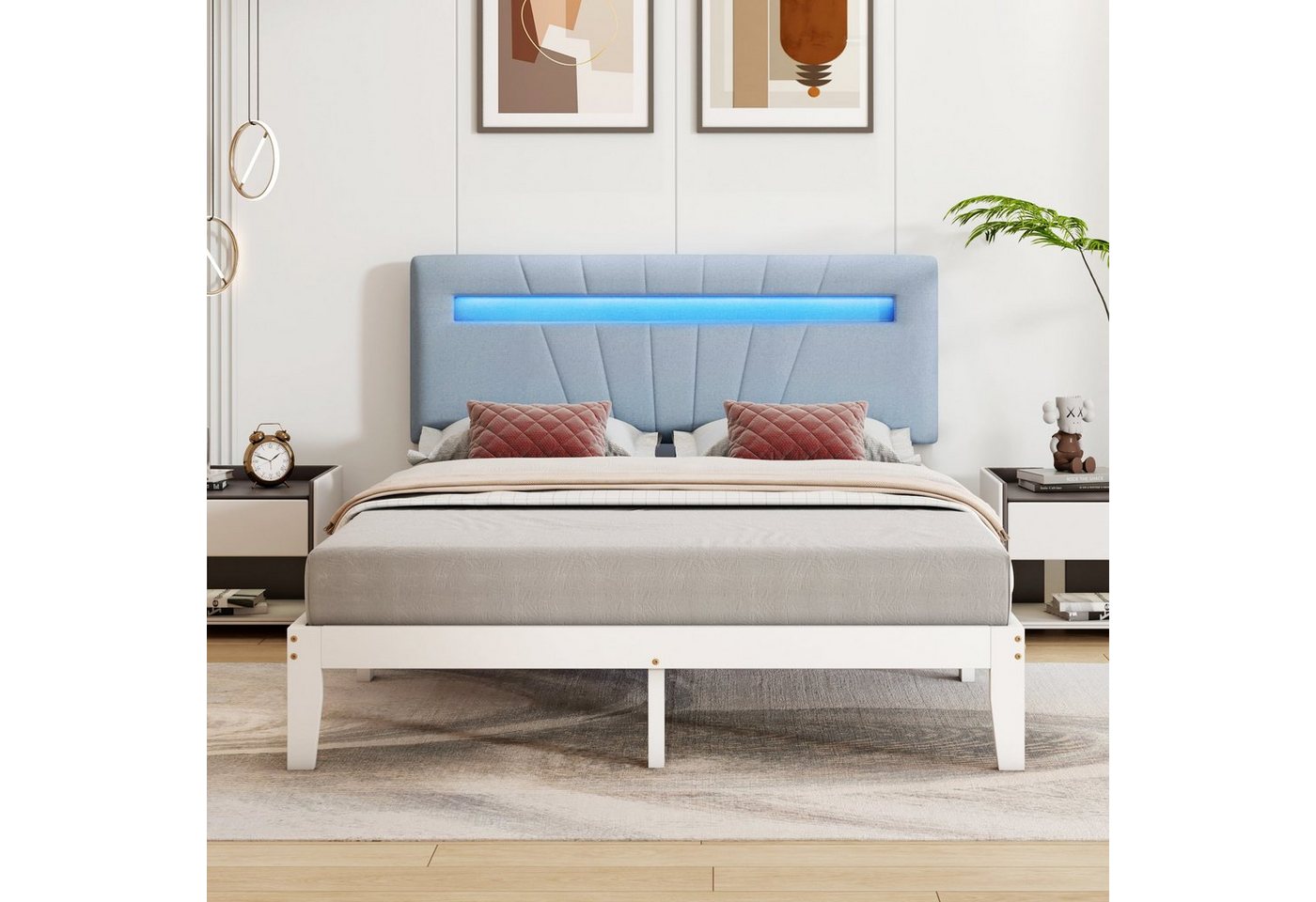 Dedom Bett Holzbett,Jugendbett,Erwachsenenbett,Kieferrahmen,weiß (140x200cm), LED-Streifen in 7 Farben erhältlich von Dedom