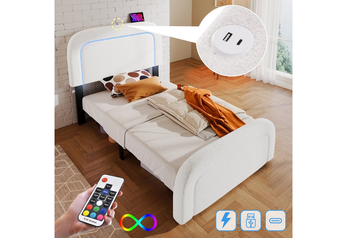 Dedom Bett LED-Beleuchtung Einzelbett mit USB Type-C Ladefunktion,90x200cm, Höhenverstellbarem Kopfteil, Lattenrost aus Holz von Dedom