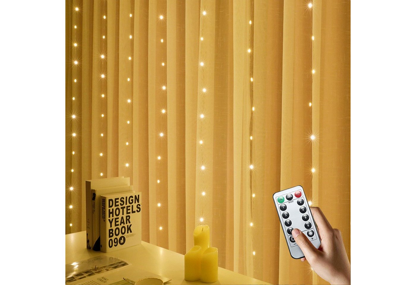 LANOR LED Dekolicht LED-Vorhangleuchte, 3x3m 300 Lichter (warmweiß), 8 Modi, Fernbedienung, LED-Kupferdraht-Vorhangbeleuchtung, Weihnachtsdekoration mit Haken von LANOR
