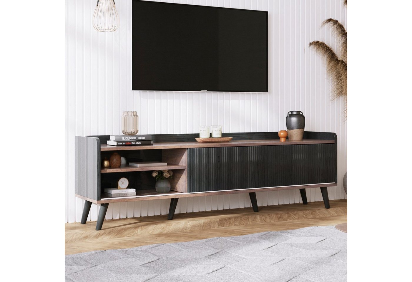 Dedom Lowboard TV-Schrank, mit zwei Schubladen, H58/L160/T40 cm, Schwarz und natürliches Holzfarbe. von Dedom