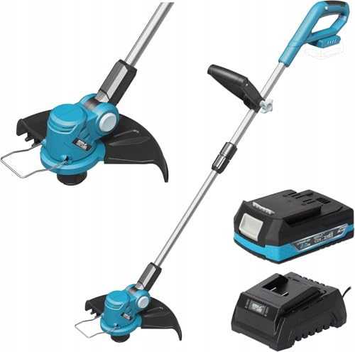 Elektro-Rasentrimmer set DEDRA mit 2.0Ah18V akku und Ladegerät, Schnittdurchmesser ⌀30 cm, 8800 U/Min, leicht und ergonomisch Gewicht 1,9kg Teleskoprohr und verstellbarer Griff von Dedra