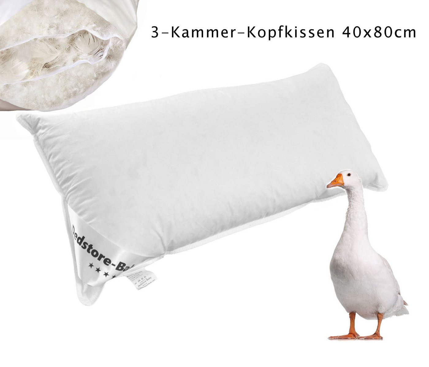 3-Kammer-Kopfkissen 40x80cm Federn Daunen Füllung 750g Hotelqualität Pillow, Dedstore-Baby, Füllung: Daunen-Federmischung, Bezug: 100%, Seitenschläfer, Rückenschläfer, Bauchschläfer, Natur Kissen, 1tlg., Allergiker freundlich, Kopf-, Nacken- und Schulterbereich von Dedstore-Baby