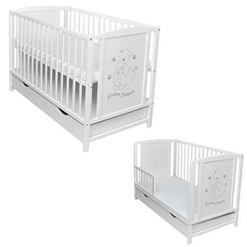 Dedstore-Baby / Bett Kinderbett Babybett Schutzgitter 2in1 weiß 120x60 Bärchen Schublade Neu Sweet Dreams (mit Komfort Matratze 120x60x9cm) von Dedstore-Baby