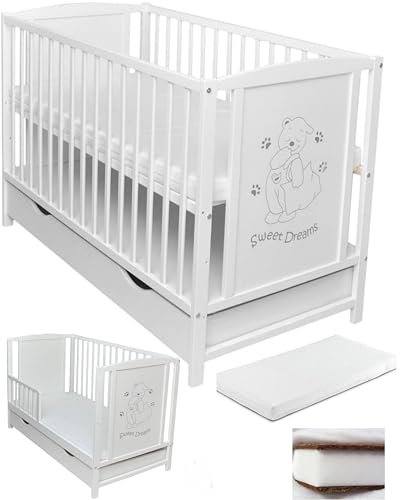 Dedstore-Baby Kinderbett Gitterbett Babybett mit Motiv 120x60 Weiß Schutzgitter Massivholz Matratze (Kokos-Schaum-Kokos120x60x8 cm) Sweet Dreams von Dedstore-Baby