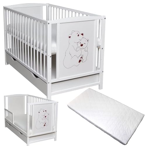 Dedstore-Baby Kleinkindbett Babybett Kinderbett Gitterbett Bärchen Motiv 120x60 Weiß Schutzgitter Juniorbett Matratze Massivholz (mit Komfort Matratze gesteppt 120x60x9 cm) von Dedstore-Baby