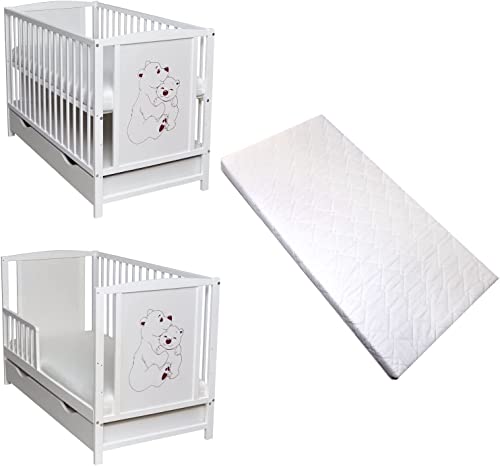 Dedstore-Baby Kleinkindbett Babybett Kinderbett Gitterbett Bärchen Motiv 120x60 Weiß Schutzgitter Juniorbett Matratze Massivholz (mit Komfort Matratze gesteppt 120x60x9 cm) von Dedstore-Baby