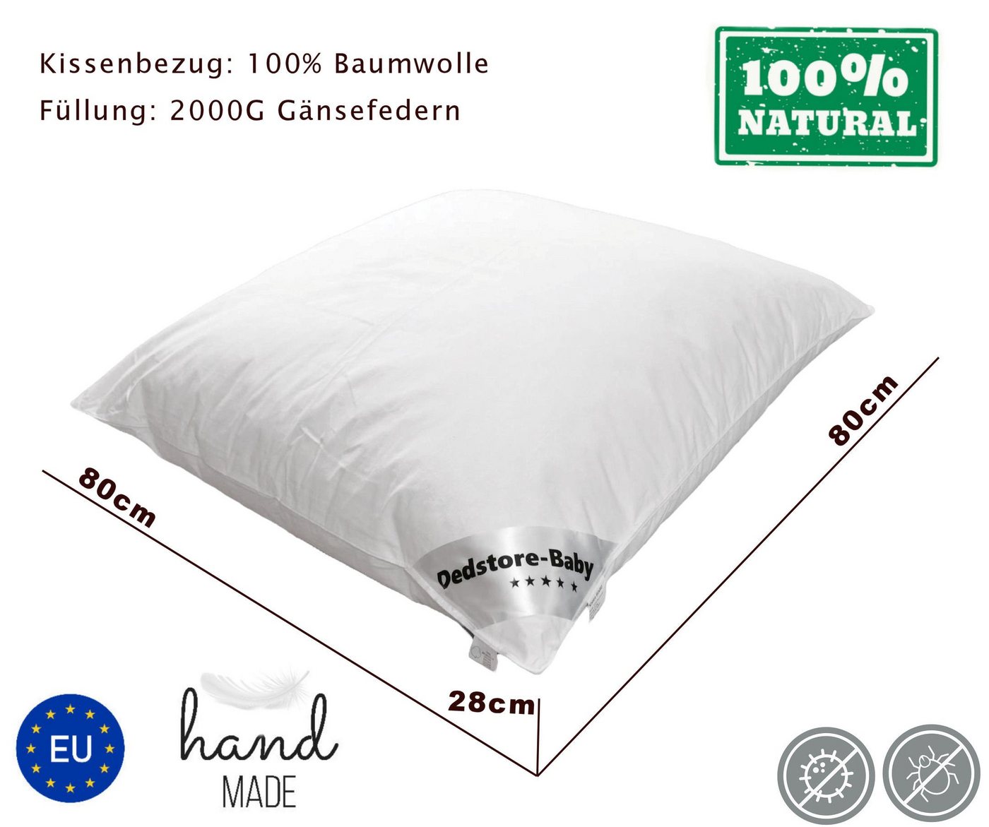 Federkissen 2er Kissen Kopfkissen 80x80cm Federkissen Bezug Baumwolle 2000g, Dedstore-Baby, Füllung: 100% polnische Gänsefedern, Bezug: Baumwolle, Seitenschlaefer, Rueckenschlaefer, Bauchschlaefer, Spar-Set, 2-tlg., Allergieker freundlich,Natur,ohne synthetische Farbstoffe,reiz frei von Dedstore-Baby